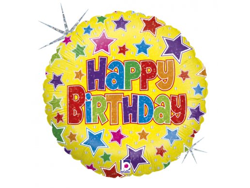 Yellow With Colourful Stars Happy Birthday Holographic Design Ballon Foil