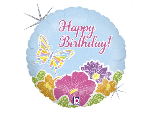 Butterfly with Flowers Happy Birthday Balloon Foil with Holographic Print