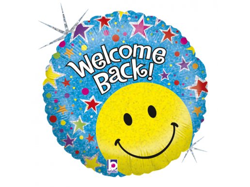 Welcome Back Foil Balloon with Colorful Stars and Emoji smile