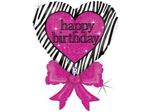 Heart Black and Fuchsia Happy Birthday Holographic Supershape Balloon