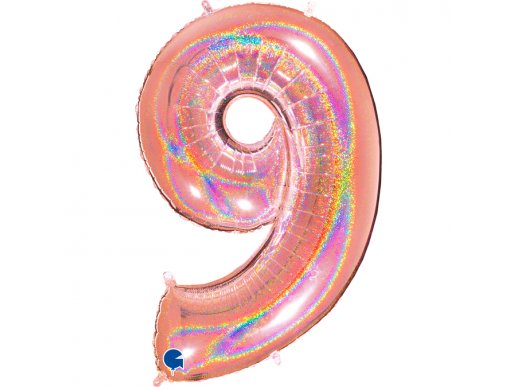 Ροζ Χρυσό Με Ολογραφικό Τύπωμα Μπαλόνι Supershape Αριθμός-Νούμερο 9 Εννιά