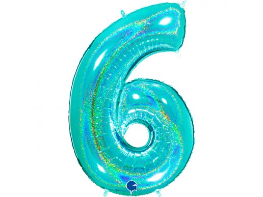 number 6 foil balloon in mint color with holographic glitter print