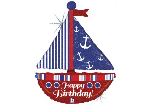 Little Nautical Sailboat Happy Birthday Holographic Supershape Balloon