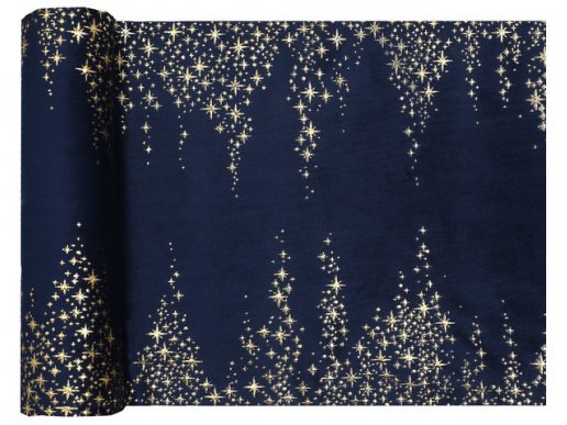 Navy blue velvet table runner with rain of gold stars 26cm x 250cm