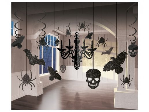 Skulls decoration set in black color with glitter 17pcs
