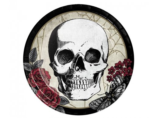 Large paper plates with skull and red flowers design 8pcs