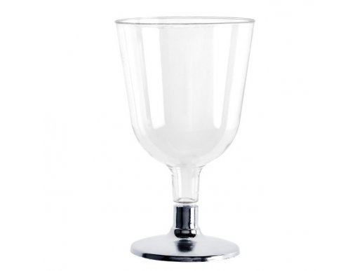 Πλαστικά διάφανα ποτήρια για το κρασί με ασημί μεταλλικό χρώμα στη βάση 6τμχ