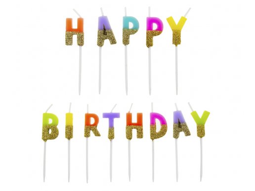 Pastel colors happy birthday cake candles with gold glitter