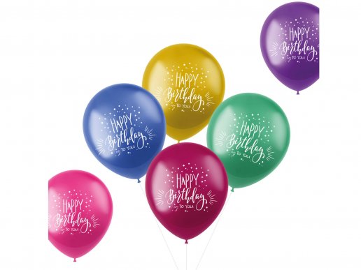 Multicolor latex balloons with white Happy Birthday print 6pcs