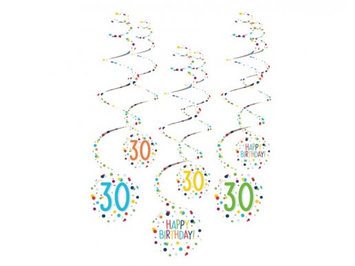 Colorful dots with number 30 hanging swirl decorations (6pcs)