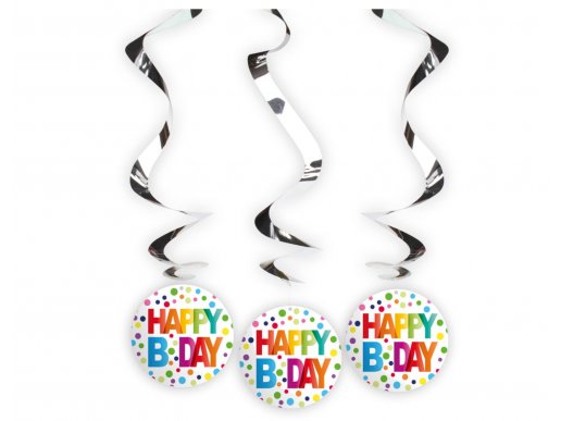 Colorful Happy Birthday swirl decorations 3pcs