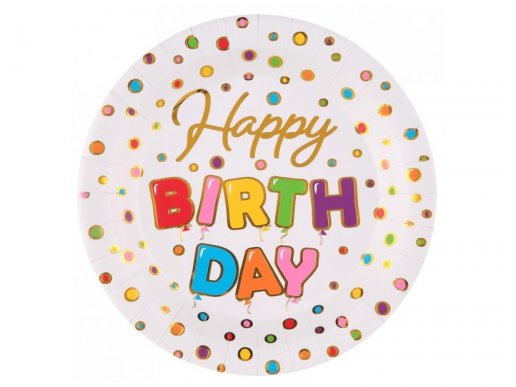 Colorful balloons Happy Birthday large paper plates with gold foiled details 10pcs