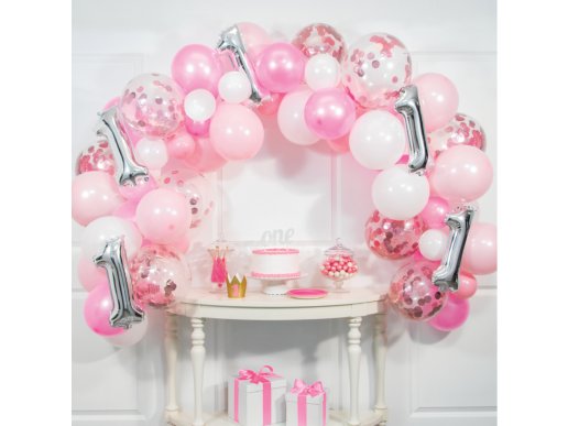 Pink-latex balloon garland with silver number 1
