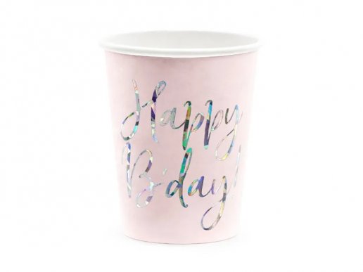 Ροζ χάρτινα ποτήρια με ολογραφικό τύπωμα Happy Birthday 6τμχ