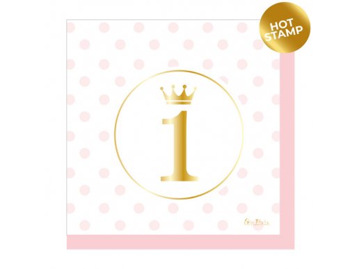Ροζ χαρτοπετσέτες με τον αριθμό 1 και την κορώνα για τα πρώτα γενέθλια