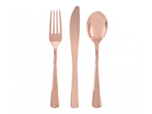 Σετ πλαστικά επαναχρησιμοποιούμενα μαχαιροπίρουνα σε ροζ χρυσό μεταλλικό χρώμα 18τμχ