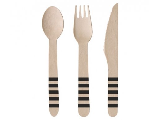Wooden cutlery set with black stripes design 24pcs