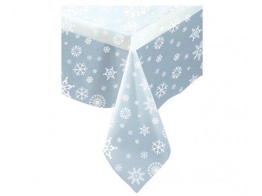 Clear plastic tablecover with snowflakes design.
