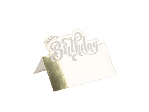 Happy Birthday χρυσά καρτελάκια για το τραπέζι με λευκά γράμματα 8τμχ