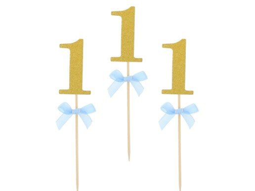 Χρυσές Γκλιτεράτες Διακοσμητικές Οδοντογλυφίδες με τον Αριθμό 1 και Γαλάζια Φιογκάκια (10τμχ)
