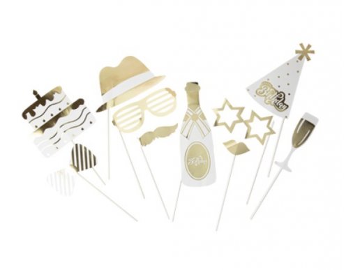Gold and white Happy Birthday photo booth props 10pcs