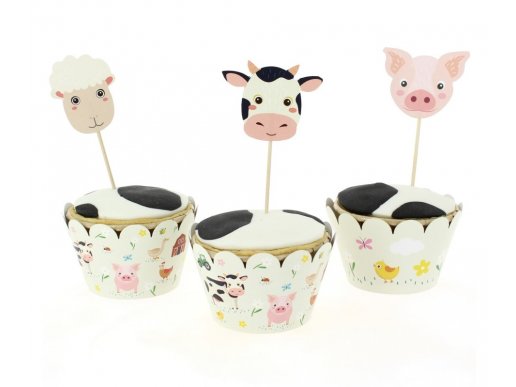 Farm animals cupcake wrappers and decorative picks 6pcs