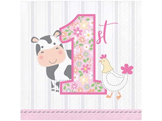 Pink beverage napkins for first birthday with the Farm animals theme