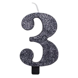 3 Number Three Black With Glitter Birthday Cake Candle