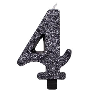 4 Number Four Black With Glitter Birthday Cake Candle