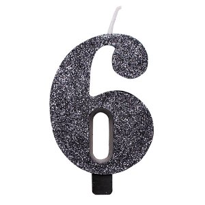6 Number Six Black With Glitter Birthday Cake Candle