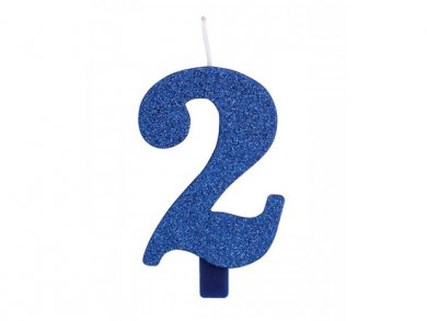 2 Number Two Blue with Glitter Cake Candle (7,5cm)