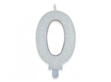 Number 0 White with Glitter Cake Candle (8cm)