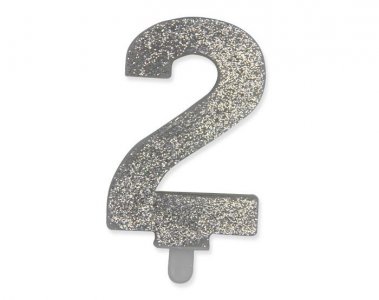 Number 2 Silver with Glitter Cake Candle (8cm)