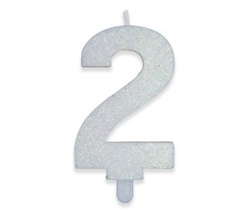 Number 2 White with Glitter Cake Candle (8cm)
