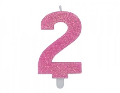 Number 2 Pink with Glitter Cake Candle (8cm)