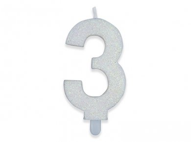 Number 3 White with Glitter Cake Candle (8cm)