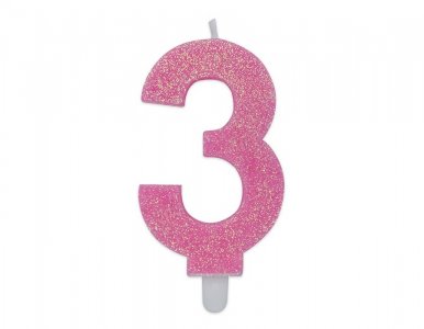 Number 3 Pink with Glitter Cake Candle (8cm)