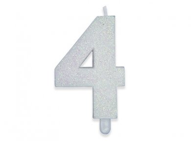 Number 4 White with Glitter Cake Candle (8cm)