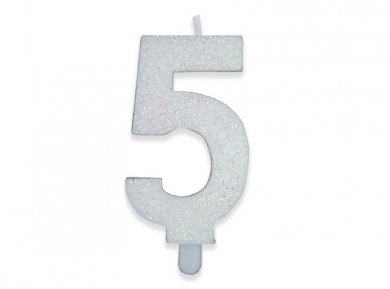 Number 5 White with Glitter Cake Candle (8cm)