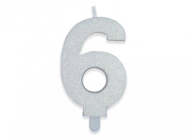 Number 6 White with Glitter Cake Candle (8cm)