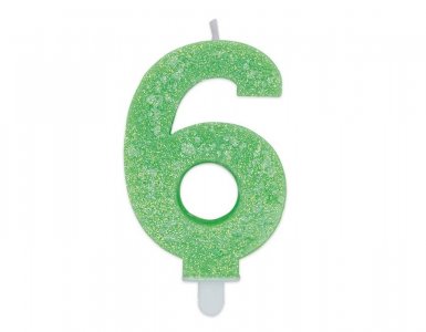 Number 6 Lime Green with Glitter Cake Candle (8cm)