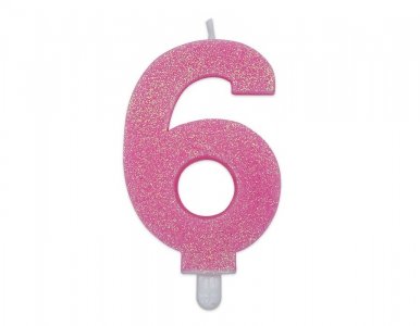 Number 6 Pink with Glitter Cake Candle (8cm)