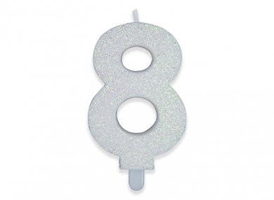 Number 8 White with Glitter Cake Candle (8cm)