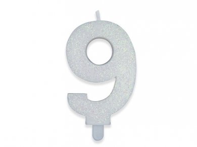 Number 9 White with Glitter Cake Candle (8cm)