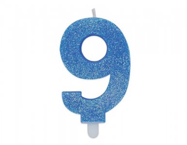 Number 9 Light Blue with Glitter Cake Candle (8cm)