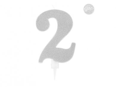 2 Number Two Giant Cake Candle in Silver with Glitter (12,5cm)
