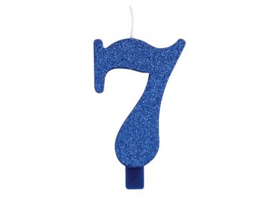 7 Number Seven Blue with Glitter Cake Candle (7,5cm)