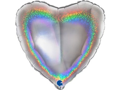 Silver Glitter Holographic Heart Shaped Foil Balloon (46cm)