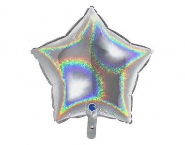 Silver Star Shaped Foil Balloon with Glitter Holographic Print (46cm)