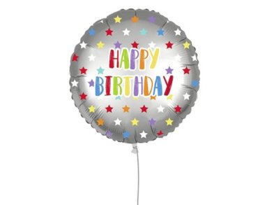Silver Happy Birthday Foil Balloon with Colorful Stars (46cm)